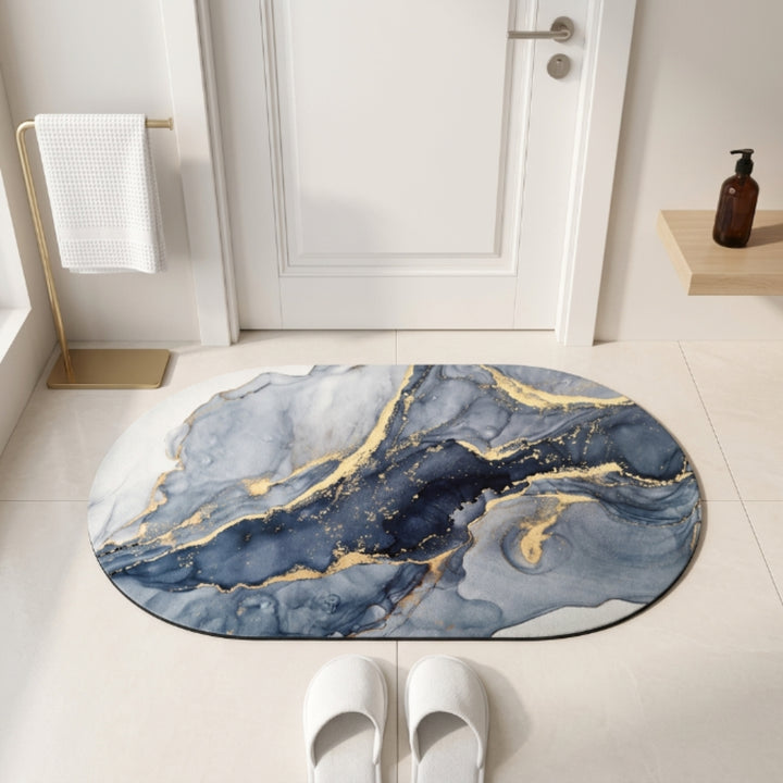 Luxury Marble Oval Anti-Slip Bath Mat | Soft Absorbent Quick Dry Bathroom Floor Rug Modern Watercolor Stone Pattern Carpet