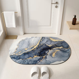 Luxury Marble Oval Anti-Slip Bath Mat | Soft Absorbent Quick Dry Bathroom Floor Rug Modern Watercolor Stone Pattern Carpet