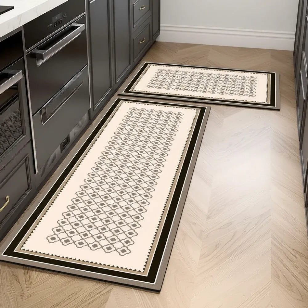 2-Piece Black & White Geometric Kitchen Mat Set | Non-Slip Anti-Fatigue Washable Runner Rugs with Elegant Tile Pattern for Kitchen & Hallway