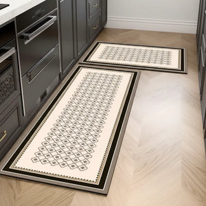 2-Piece Black & White Geometric Kitchen Mat Set | Non-Slip Anti-Fatigue Washable Runner Rugs with Elegant Tile Pattern for Kitchen & Hallway