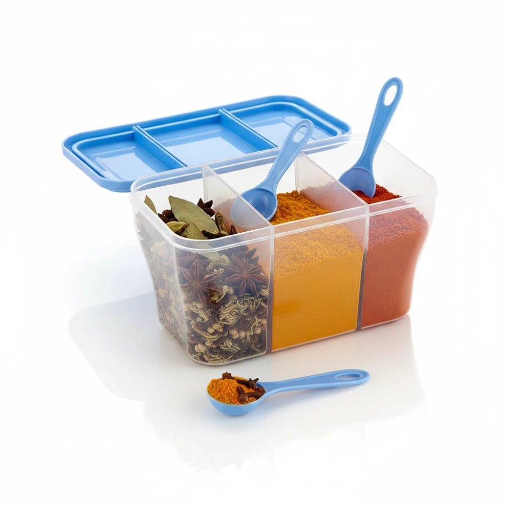 3-in-1 Multipurpose Masala Box with Airtight Containers & 3 Spoons | Transparent Kitchen Storage for Spices, Dry Fruits & Grocery