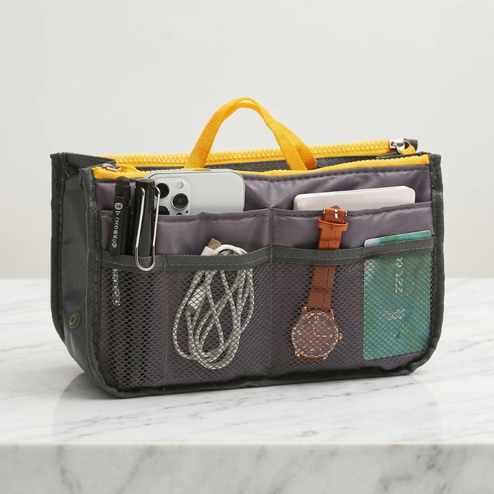 Multi-Pocket Handbag Organizer Insert with Double Zipper | Portable Makeup, Phone & Travel Storage Pouch for Women & Men