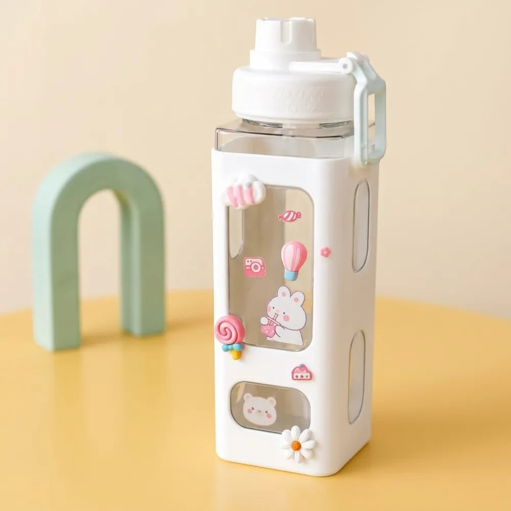 Kawaii Cute Plastic Water Bottle with Straw & Stickers | Leakproof Large Capacity Square Drinking Bottle