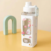 Kawaii Cute Plastic Water Bottle with Straw & Stickers | Leakproof Large Capacity Square Drinking Bottle