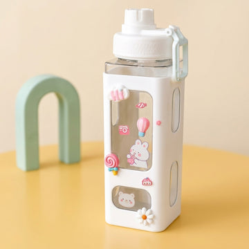 Kawaii Cute Plastic Water Bottle with Straw & Stickers | Leakproof Large Capacity Square Drinking Bottle