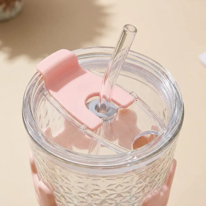 450ml HOHO Glass Cup with Lid & Straw | Glass Water Bottle with Silicone Sleeve | Iced Coffee & Cold Drinks Tumbler