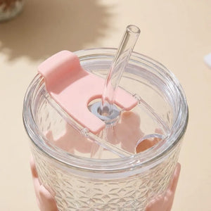 450ml HOHO Glass Cup with Lid & Straw | Glass Water Bottle with Silicone Sleeve | Iced Coffee & Cold Drinks Tumbler