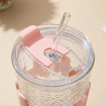 450ml HOHO Glass Cup with Lid & Straw | Glass Water Bottle with Silicone Sleeve | Iced Coffee & Cold Drinks Tumbler