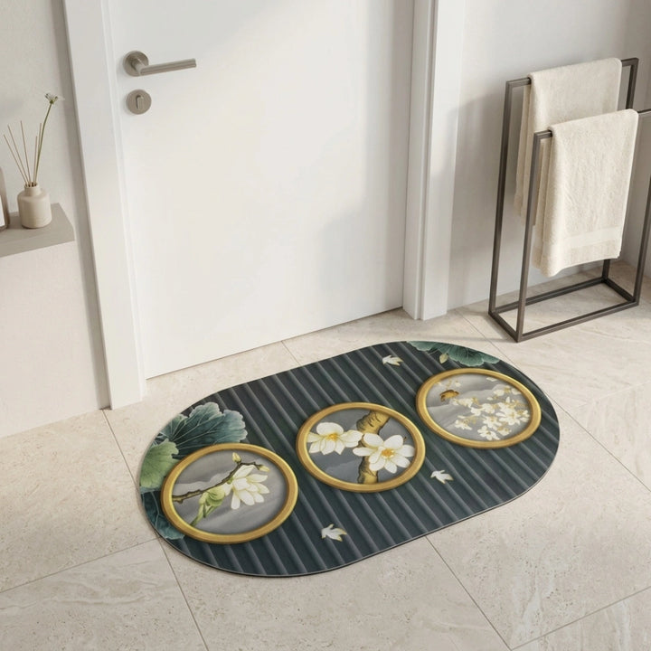 Magnolia Blossom Oval Bath Mat | Soft Quick Dry Anti-Slip Absorbent Floor Rug for Bathroom Entrance & Bedroom