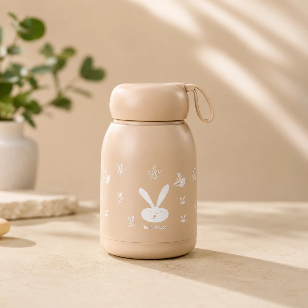 330ml Cute Bunny Water Bottle for Kids | Insulated Stainless Steel Sipper Bottle with Rabbit Print, Leakproof Vacuum Flask for School, Travel & Daily Use