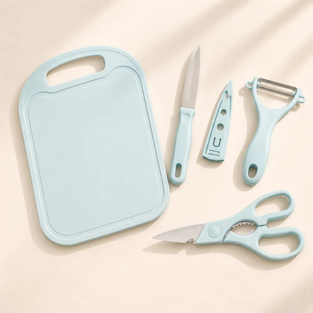 4-Piece Mini Travel Kitchen Set | Cutting Board, Fruit Knife, Peeler & Scissors | Portable Camping Kitchen Tool Kit