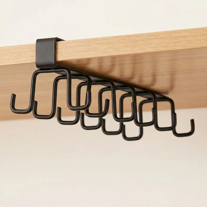 Double Row Under Cabinet Cup Holder Rack with 12 Hooks | Metal Mug & Coffee Cup Hanging Organizer | Kitchen Towel Holder