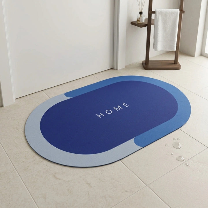 Modern Oval Anti-Slip Bathroom Floor Mat | Soft Absorbent Waterproof Door Rug for Bathroom, Bedroom & Entryway | Minimal Blue Home Decor Mat