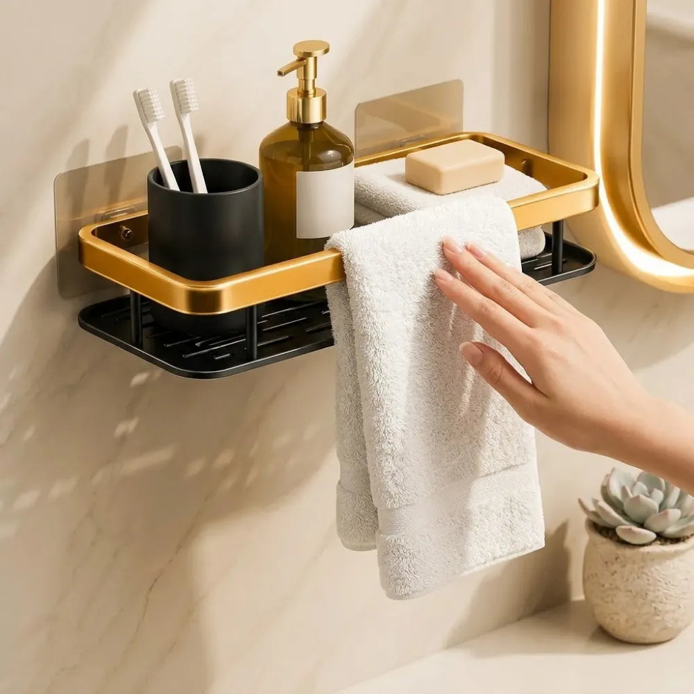 Bathroom Organizer Wall Mount Self Rack Black & Gold Aluminium Storage, Pack of 2