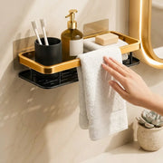 Bathroom Organizer Wall Mount Self Rack Black & Gold Aluminium Storage, Pack of 2