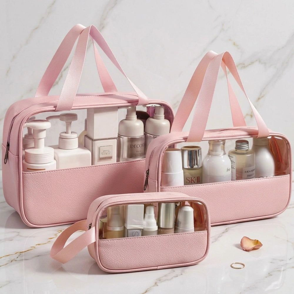 Transparent Makeup & Toiletry Organizer Bag Set | Waterproof Travel Cosmetic Storage Pouches with Handle (Pink)