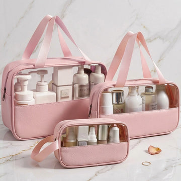 Transparent Makeup & Toiletry Organizer Bag Set | Waterproof Travel Cosmetic Storage Pouches with Handle (Pink)