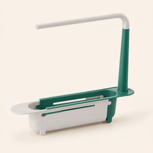 Adjustable Sink Rack Holder & Drain Basket | Extendable Sponge, Soap & Towel Organizer | Kitchen Sink Storage Basket