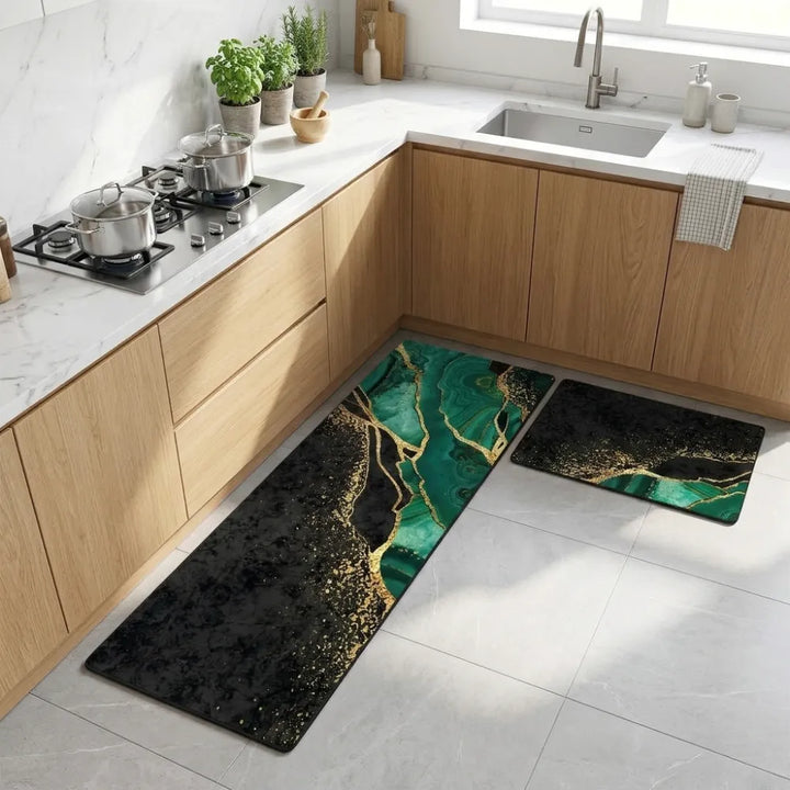 2-Piece Emerald Gold Marble Kitchen Mat Set | Luxury Non-Slip Washable Anti-Fatigue Runner Rugs for Kitchen, Hall & Bedroom
