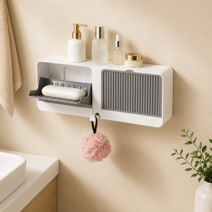 2-in-1 Wall Mounted Soap Holder with Hooks | Self Draining No Drill Soap Dish