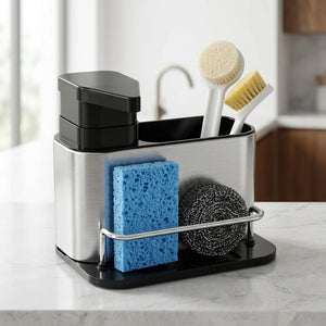 3-in-1 Stainless Steel Kitchen Sink Caddy Organizer with Soap Dispenser, Sponge & Brush Holder