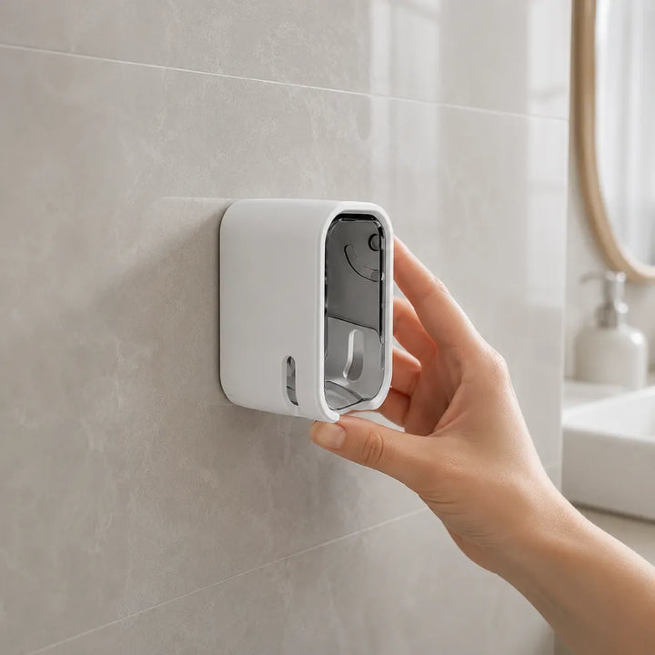 Wall Mounted Toothbrush Holder with Dustproof Cover | Self-Adhesive Bathroom Toothbrush Organizer with Clear Window & Quick-Dry Design