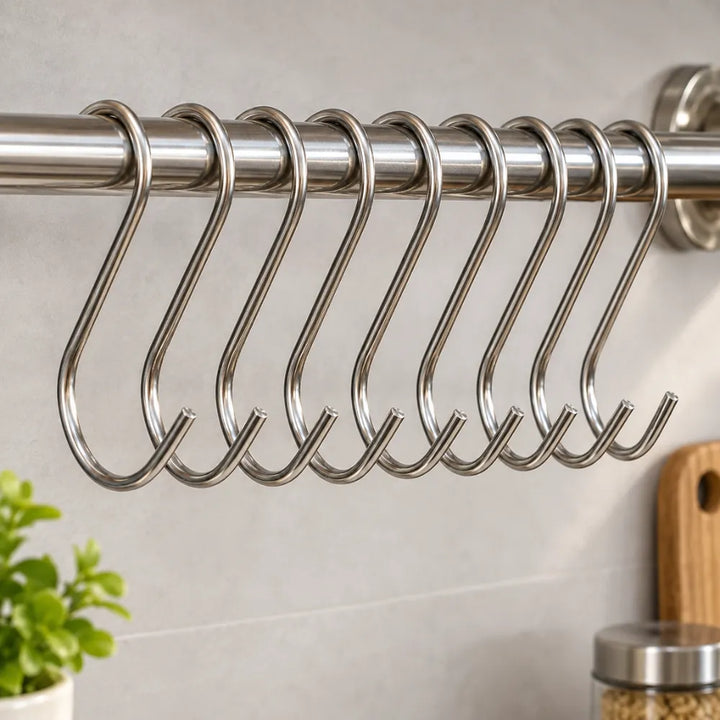S-Shape Hanging Hooks Set of 8 | Stainless Steel Multipurpose Utility Hooks