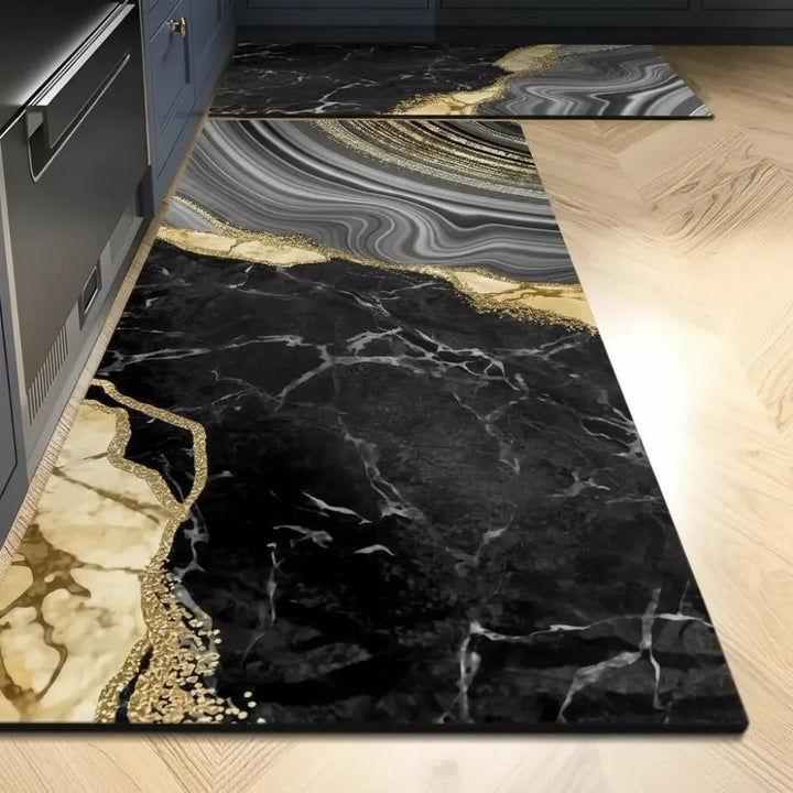 2-Piece Luxury Black & Gold Marble Kitchen Mat Set – Non-Slip Anti-Fatigue Washable Runner Rugs for Kitchen & Hallway