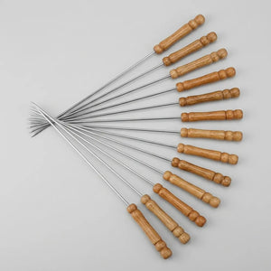 12PCS Stainless Steel BBQ Skewers Set | Reusable Barbecue Grilling Sticks with Wooden Handles | Round/Square Metal Kebab Skewers