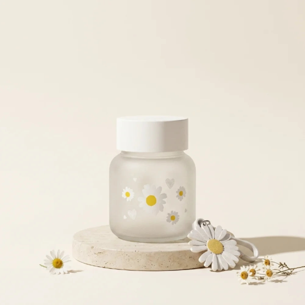 300ml Daisy Glass Water Bottle | Cute Frosted Glass Bottle with Daisy Charm | Portable Mini Water Bottle for Women, Girls & Teens