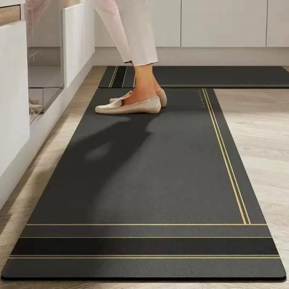 2-Piece Black & Gold Line Kitchen Mat Set | Luxury Non-Slip Waterproof Anti-Fatigue Runner Rugs for Kitchen & Office