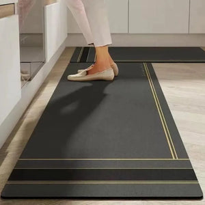 2-Piece Black & Gold Line Kitchen Mat Set | Luxury Non-Slip Waterproof Anti-Fatigue Runner Rugs for Kitchen & Office