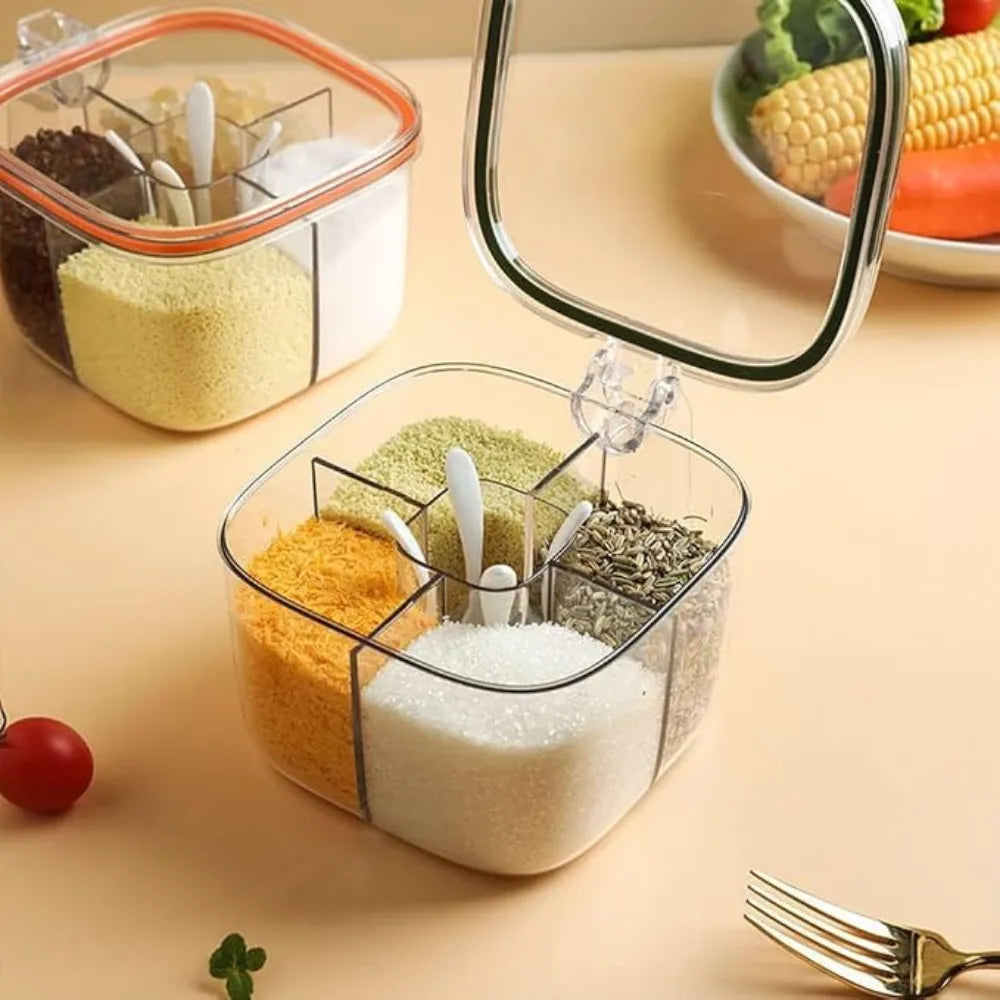 4-Compartment Clear Seasoning Box with Lid & 4 Serving Spoons | Spice & Condiment Storage Container for Kitchen