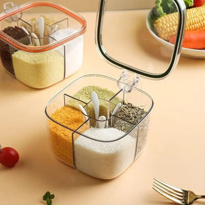 4-Compartment Clear Seasoning Box with Lid & 4 Serving Spoons | Spice & Condiment Storage Container for Kitchen