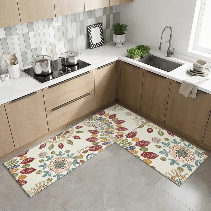2-Piece Boho Floral Leaf Kitchen Mat Set | Non-Slip Cushioned Anti-Fatigue Runner Rugs for Kitchen, Bedroom & Home