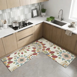 2-Piece Boho Floral Leaf Kitchen Mat Set | Non-Slip Cushioned Anti-Fatigue Runner Rugs for Kitchen, Bedroom & Home