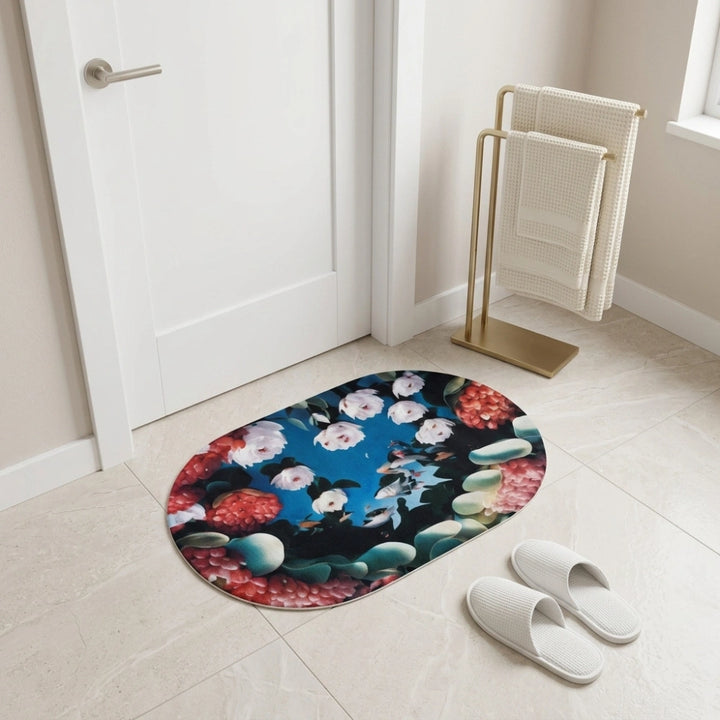 Floral Oval Anti-Slip Bathroom Mat | Soft Absorbent Quick Dry Bath Rug | Decorative Washroom Floor Carpet