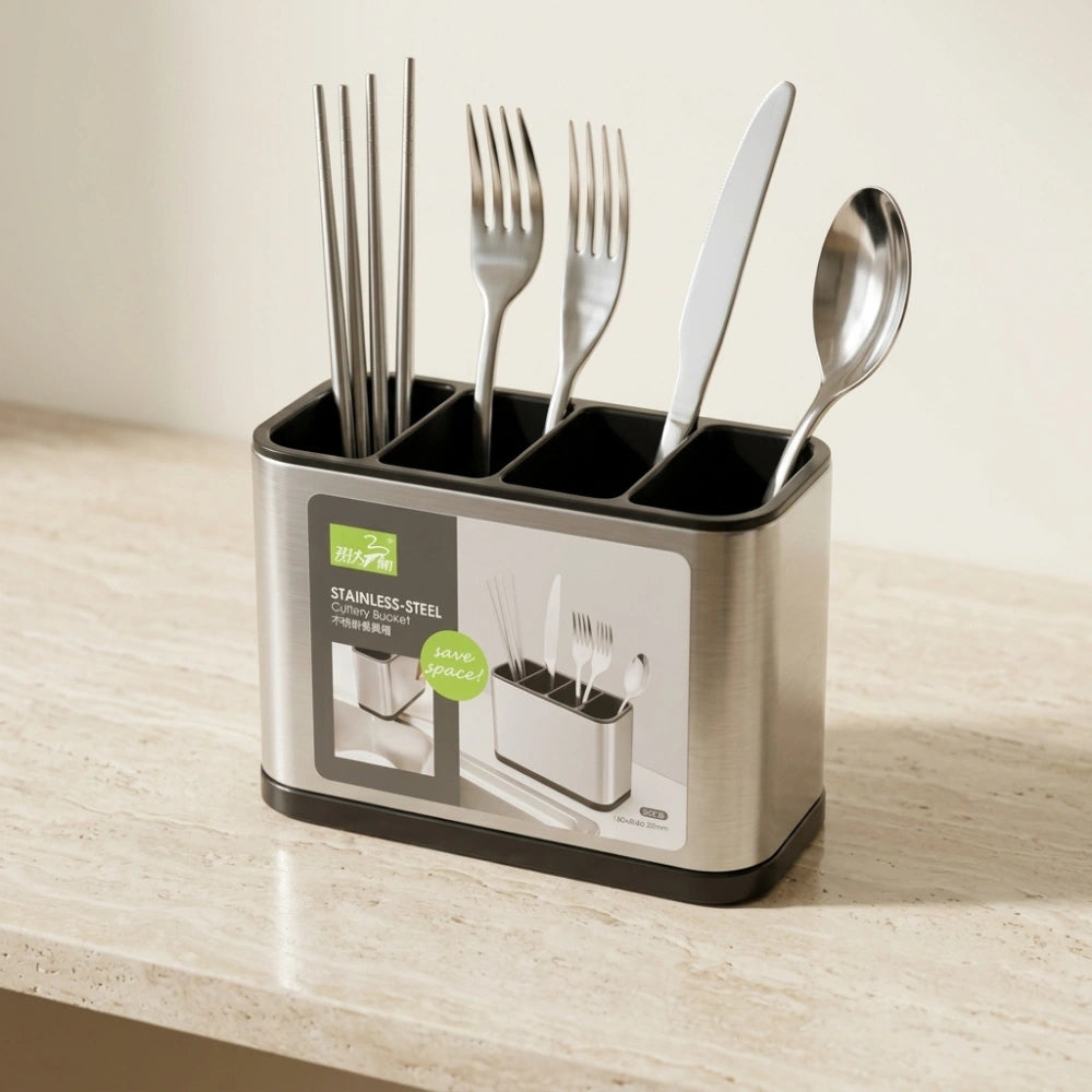 Stainless Steel Cutlery Holder with 4 Compartments | Kitchen Utensil Organizer Caddy for Spoons, Forks, Knives & Cooking Tools | Countertop Storage Drainer  Handle