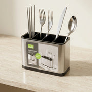 Stainless Steel Cutlery Holder with 4 Compartments | Kitchen Utensil Organizer Caddy for Spoons, Forks, Knives & Cooking Tools | Countertop Storage Drainer  Handle