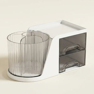 360° Rotating Desk Organizer with 2 Drawers | Multi-Purpose Pen Stand & Stationery Holder | Desktop Storage for Office, Study & Home