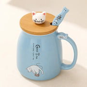 400ml Cute Cat Ceramic Coffee Mug with Wooden Lid & Stainless Steel Spoon | Kawaii Kitty Tea Cup for Home & Office