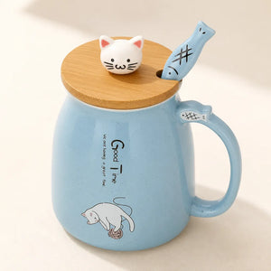 400ml Cute Cat Ceramic Coffee Mug with Wooden Lid & Stainless Steel Spoon | Kawaii Kitty Tea Cup for Home & Office