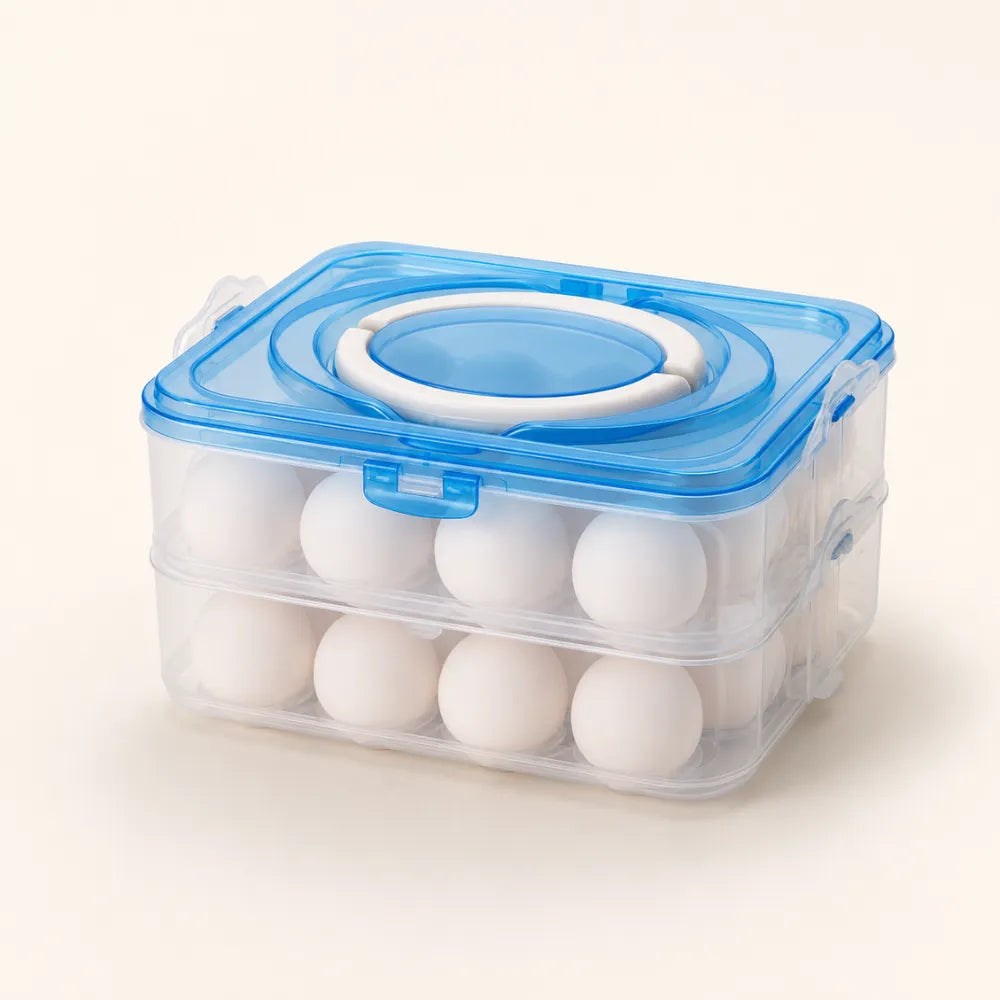 24 Grid Egg Storage Container for Fridge | 2-Layer Plastic Egg Organizer Tray with Handle | Refrigerator Egg Holder & Kitchen Storage Box