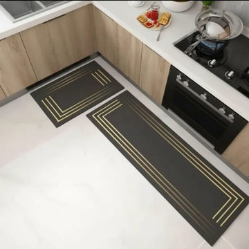 2-Piece Black & Gold Line Kitchen Mat Set | Elegant Non-Slip Oil-Proof Absorbent Anti-Fatigue Runner Rugs for Kitchen & Floor