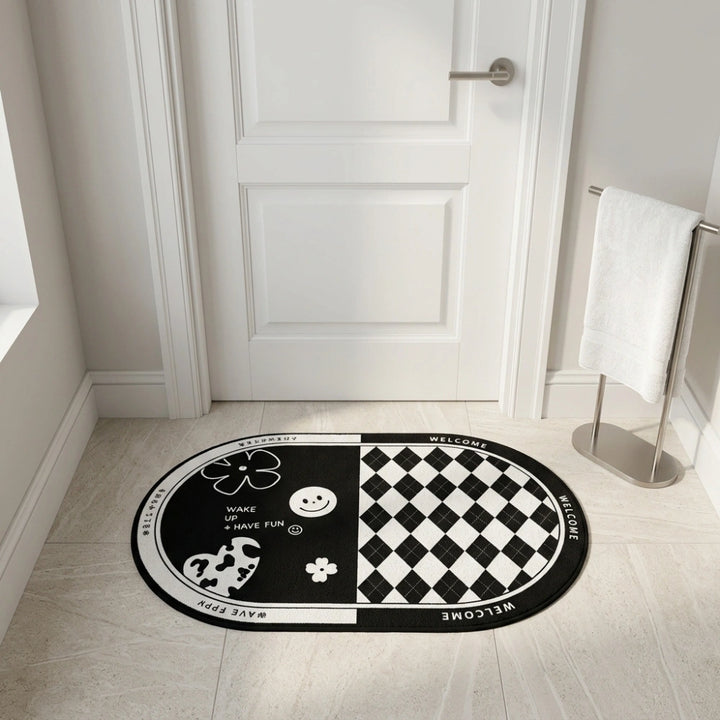 Black & White Anti-Slip Bathroom Mat | Modern Oval Bath Rug | Soft Absorbent Quick Dry Floor Carpet
