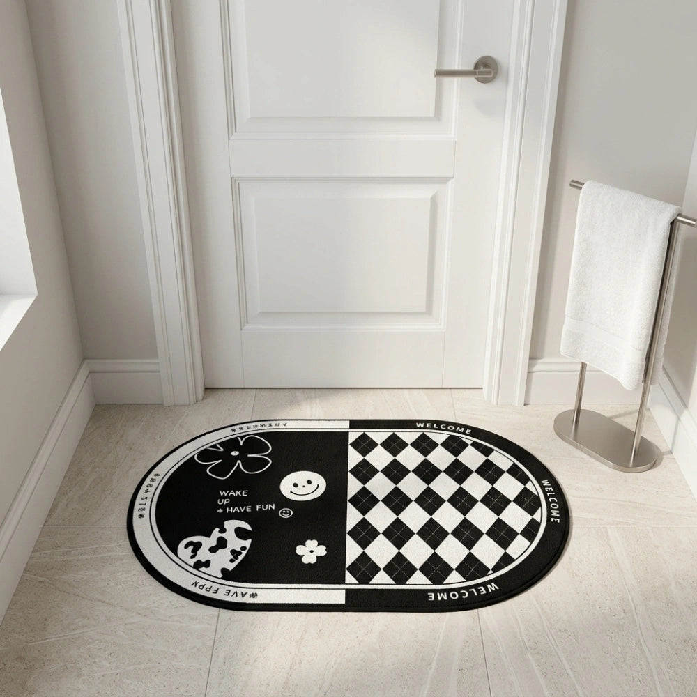 Black & White Anti-Slip Bathroom Mat | Modern Oval Bath Rug | Soft Absorbent Quick Dry Floor Carpet
