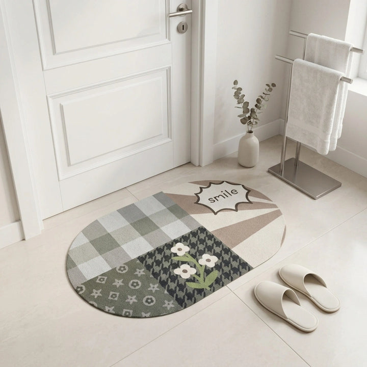 Smile” Patchwork Oval Bath Mat | Sage Green & Beige, Non‑Slip Quick‑Dry, Ultra‑Absorbent