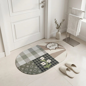 Smile” Patchwork Oval Bath Mat | Sage Green & Beige, Non‑Slip Quick‑Dry, Ultra‑Absorbent