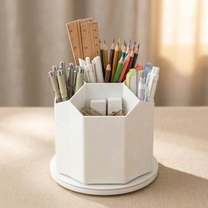 360° Rotating Desk Organizer | 5-Compartment Pen & Pencil Holder | Plastic Stationery Storage for Office, Study & Home