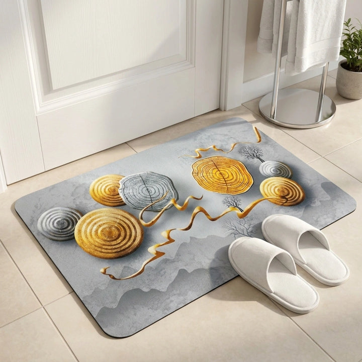 Zen Stone Wood Slice Bath Mat | Non Slip Absorbent Bathroom Rug Modern Spa Floor Mat